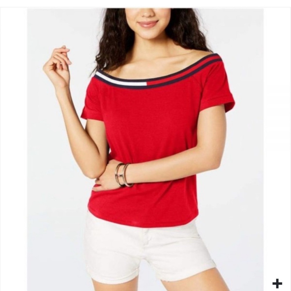 NWT Tommy Hilfiger Sport Logo Flag Red Off-The-Shoulder T-Shirt Size Medium